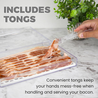 Deli Meat and Cheese Storage Container with Tong, Bacon Storage Container with Perforated Tray for Freshness, Clear Durable Plastic - Dishwasher and Freezer Safe - Size: 11” x 6.5” x 2”