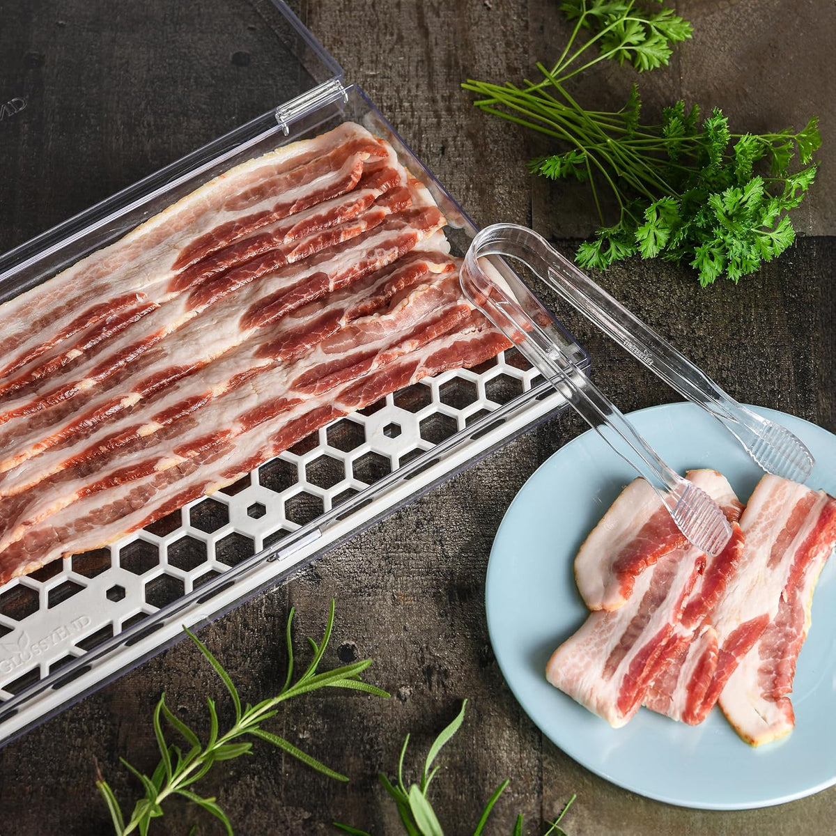 Deli Meat and Cheese Storage Container with Tong, Bacon Storage Container with Perforated Tray for Freshness, Clear Durable Plastic - Dishwasher and Freezer Safe - Size: 11” x 6.5” x 2”