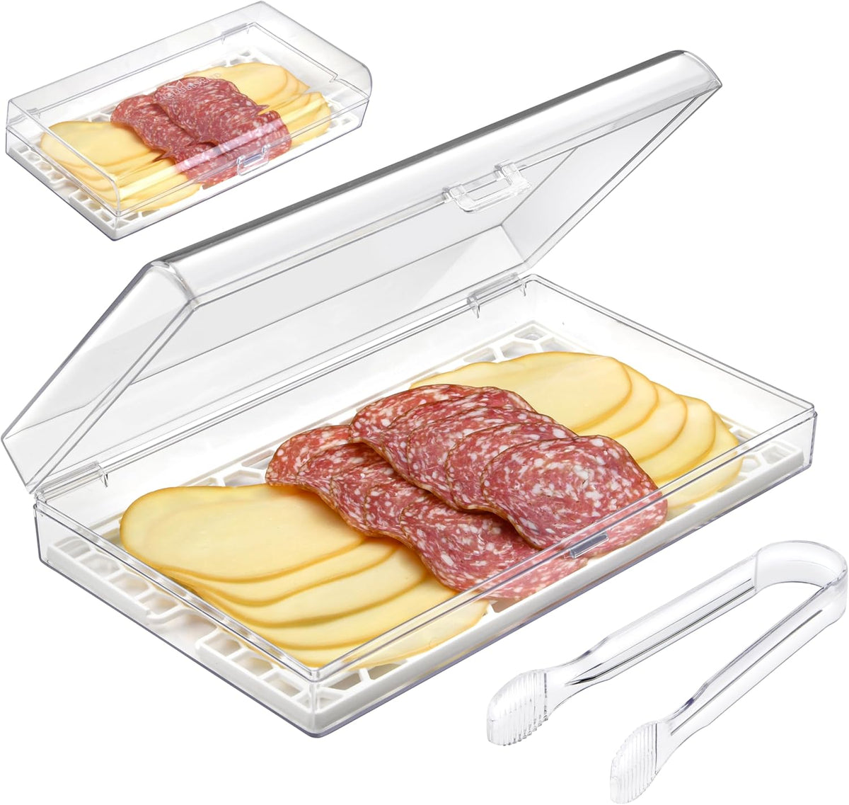Deli Meat and Cheese Storage Container with Tong, Bacon Storage Container with Perforated Tray for Freshness, Clear Durable Plastic - Dishwasher and Freezer Safe - Size: 11” x 6.5” x 2”
