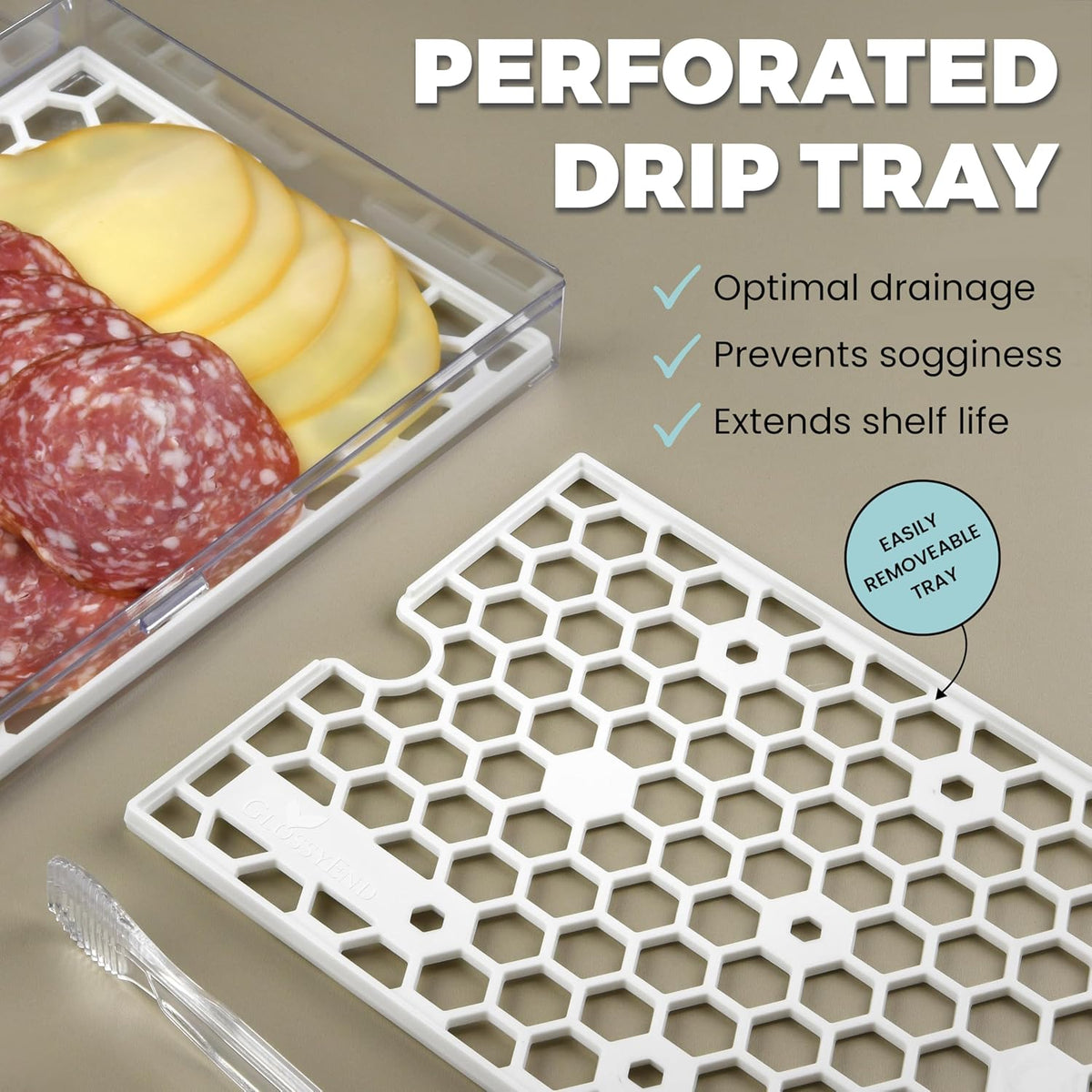 Deli Meat and Cheese Storage Container with Tong, Bacon Storage Container with Perforated Tray for Freshness, Clear Durable Plastic - Dishwasher and Freezer Safe - Size: 11” x 6.5” x 2”