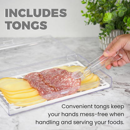 Deli Meat and Cheese Storage Container with Tong, Bacon Storage Container with Perforated Tray for Freshness, Clear Durable Plastic - Dishwasher and Freezer Safe - Size: 11” x 6.5” x 2”