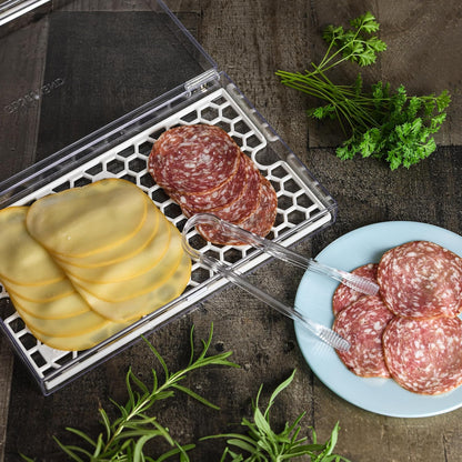 Deli Meat and Cheese Storage Container with Tong, Bacon Storage Container with Perforated Tray for Freshness, Clear Durable Plastic - Dishwasher and Freezer Safe - Size: 11” x 6.5” x 2”