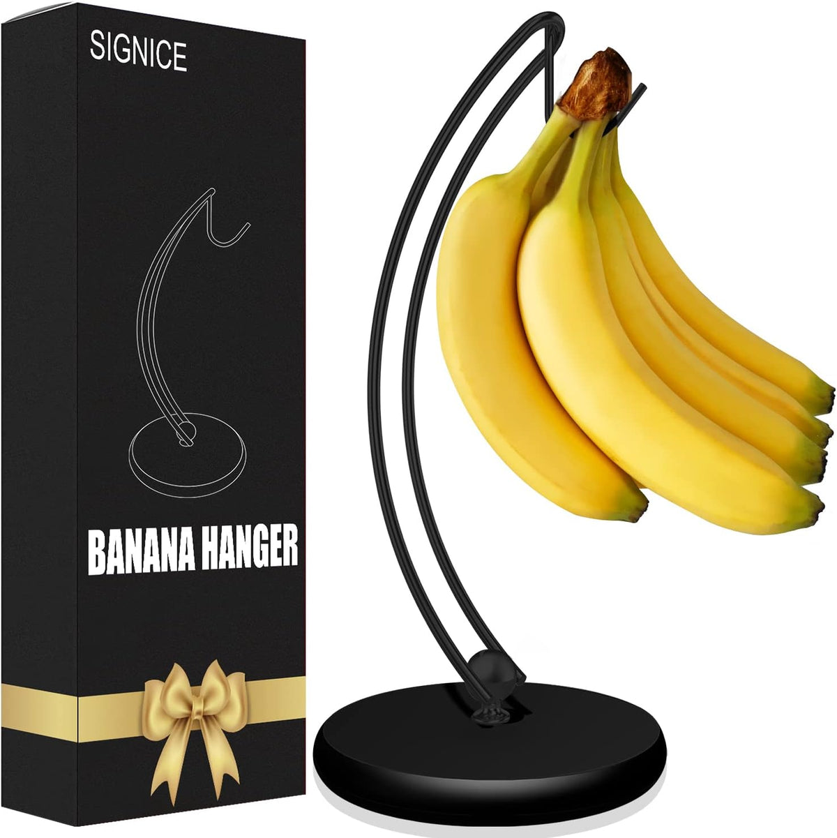 Banana Holder Stand - Patented Modern Banana Tree Hanger with Wood Base Stainless Steel Banana Rack for Home Kitchen Use,Doesn't Tip Over (Full Black)