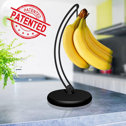 Banana Holder Stand - Patented Modern Banana Tree Hanger with Wood Base Stainless Steel Banana Rack for Home Kitchen Use,Doesn't Tip Over (Full Black)