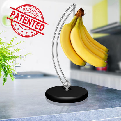 Banana Holder Stand - Patented Modern Banana Tree Hanger with Wood Base Stainless Steel Banana Rack for Home Kitchen Use,Doesn't Tip Over (Full Black)