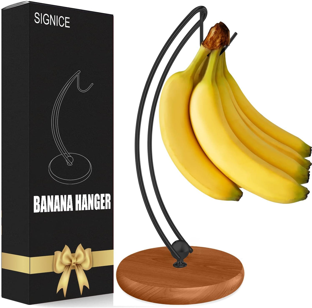 Banana Holder Stand - Patented Modern Banana Tree Hanger with Wood Base Stainless Steel Banana Rack for Home Kitchen Use,Doesn't Tip Over (Full Black)