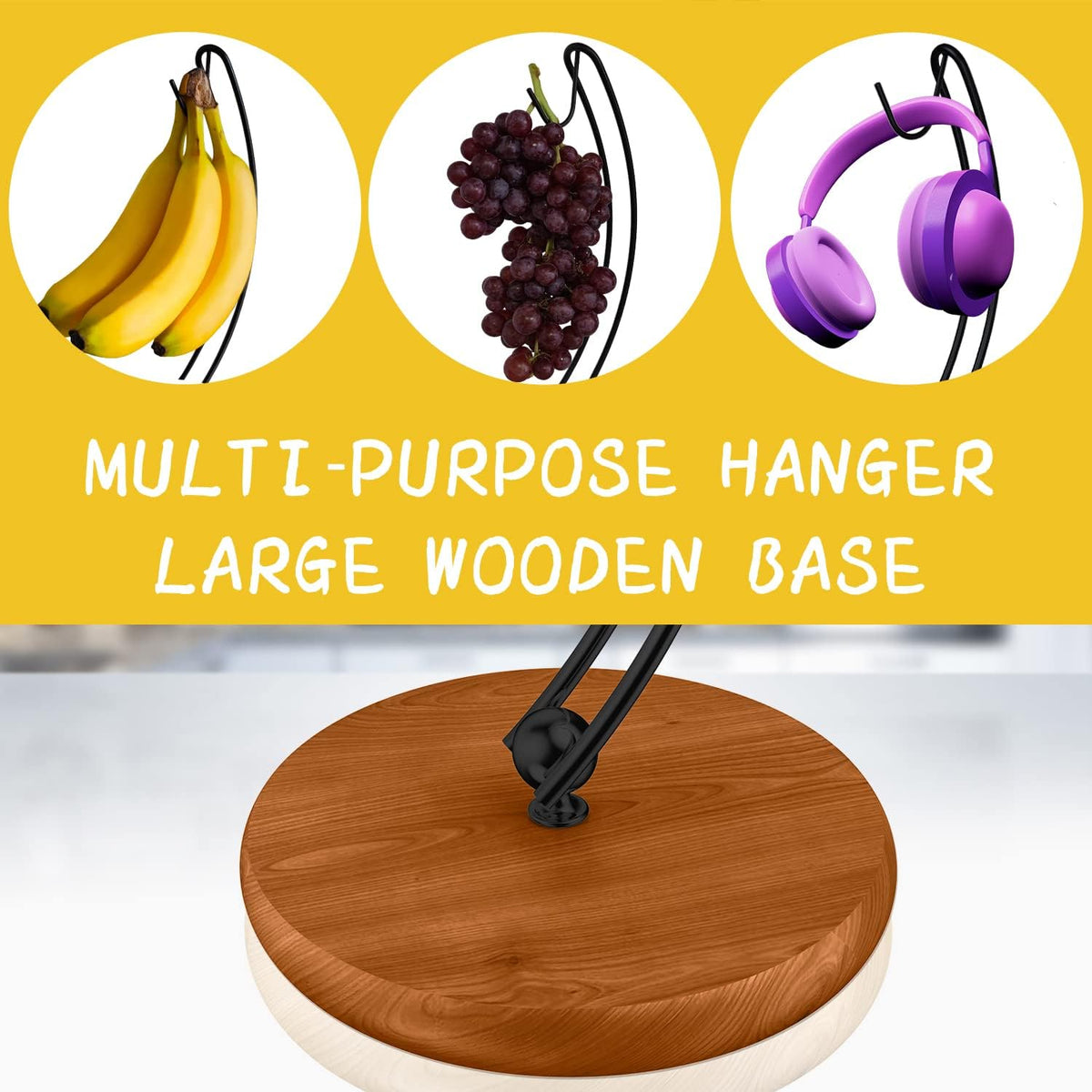 Banana Holder Stand - Patented Modern Banana Tree Hanger with Wood Base Stainless Steel Banana Rack for Home Kitchen Use,Doesn't Tip Over (Full Black)