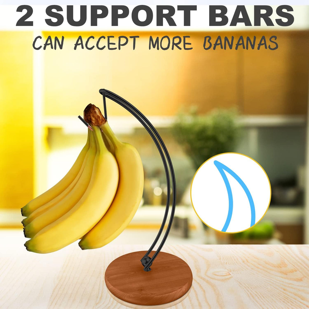 Banana Holder Stand - Patented Modern Banana Tree Hanger with Wood Base Stainless Steel Banana Rack for Home Kitchen Use,Doesn't Tip Over (Full Black)