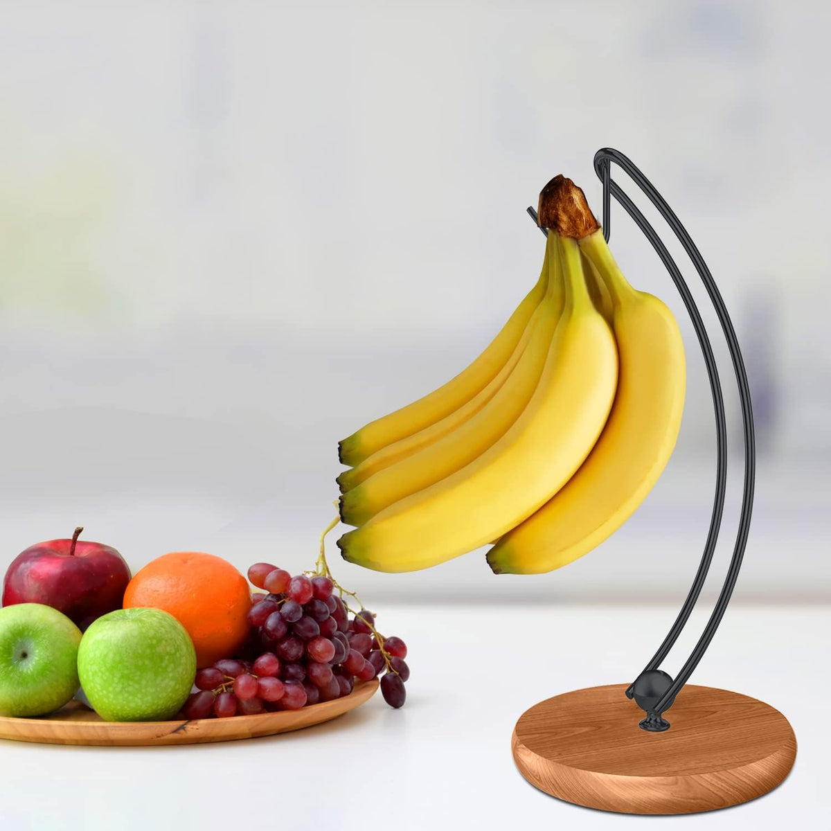 Banana Holder Stand - Patented Modern Banana Tree Hanger with Wood Base Stainless Steel Banana Rack for Home Kitchen Use,Doesn't Tip Over (Full Black)