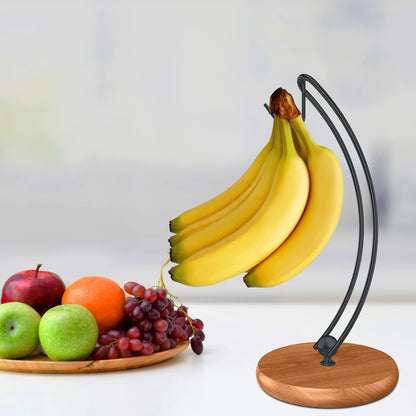 Banana Holder Stand - Patented Modern Banana Tree Hanger with Wood Base Stainless Steel Banana Rack for Home Kitchen Use,Doesn't Tip Over (Full Black)