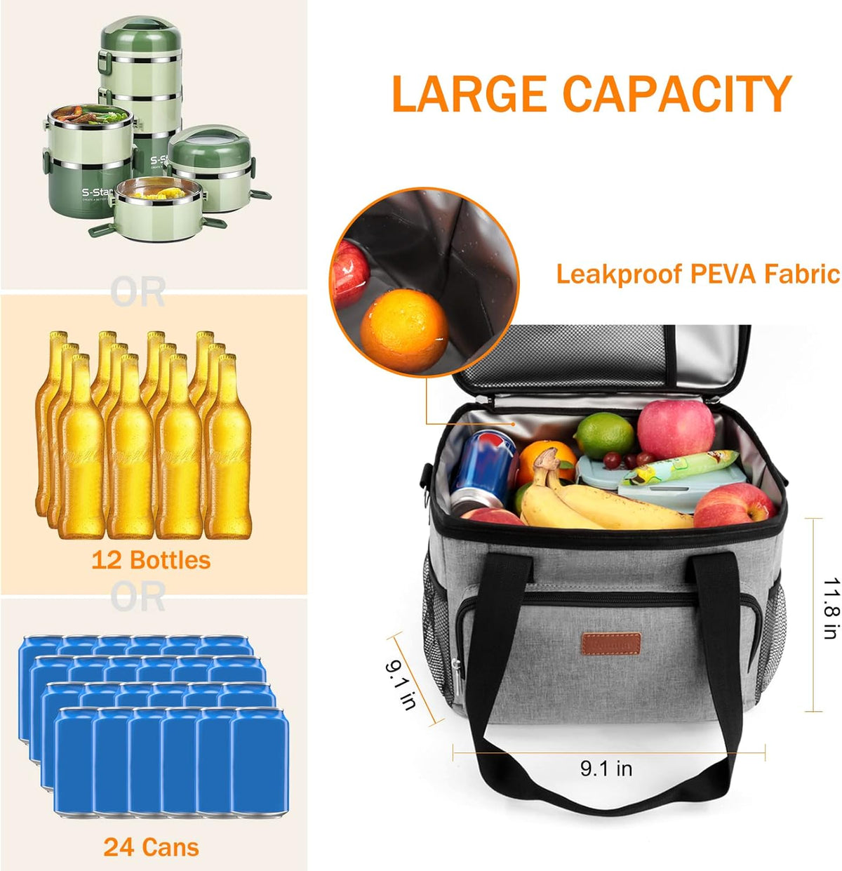 Femuar Reusable Lunch Box for Men/Women - Insulated Lunch Bag Leakproof Lunchbox for Work Office Picnic Beach - Freezable Lunch Cooler Bag with Adjustable Shoulder Strap - Black