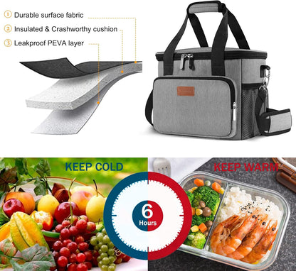 Femuar Reusable Lunch Box for Men/Women - Insulated Lunch Bag Leakproof Lunchbox for Work Office Picnic Beach - Freezable Lunch Cooler Bag with Adjustable Shoulder Strap - Black