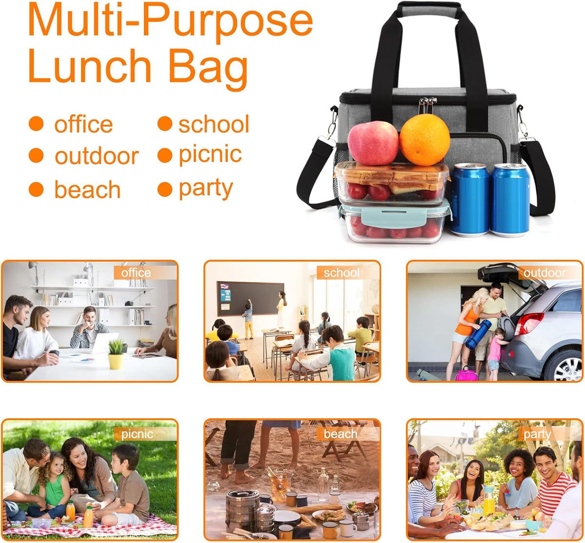 Femuar Reusable Lunch Box for Men/Women - Insulated Lunch Bag Leakproof Lunchbox for Work Office Picnic Beach - Freezable Lunch Cooler Bag with Adjustable Shoulder Strap - Black