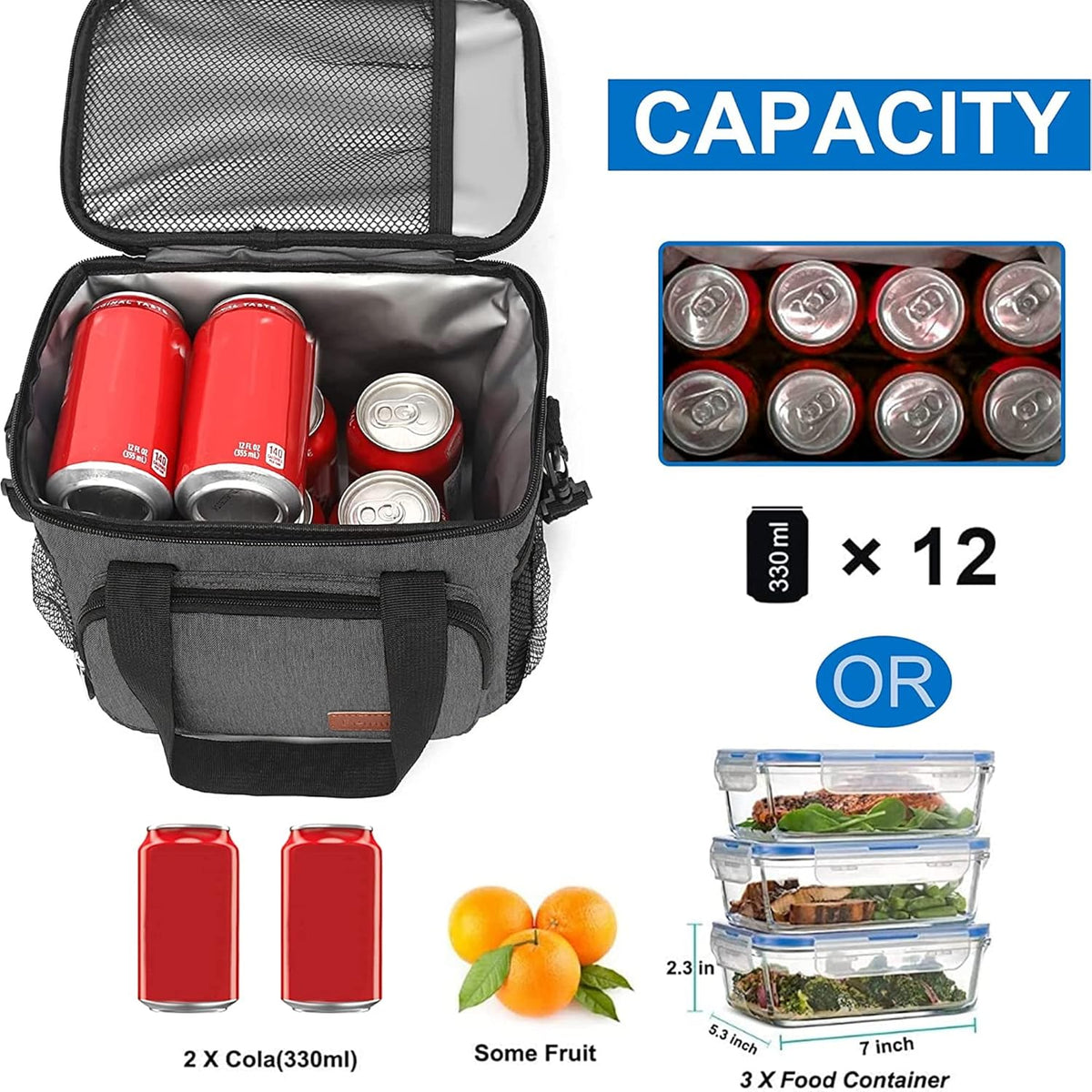 Femuar Reusable Lunch Box for Men/Women - Insulated Lunch Bag Leakproof Lunchbox for Work Office Picnic Beach - Freezable Lunch Cooler Bag with Adjustable Shoulder Strap - Black