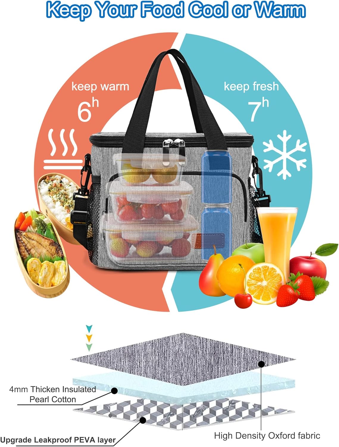 Femuar Reusable Lunch Box for Men/Women - Insulated Lunch Bag Leakproof Lunchbox for Work Office Picnic Beach - Freezable Lunch Cooler Bag with Adjustable Shoulder Strap - Black