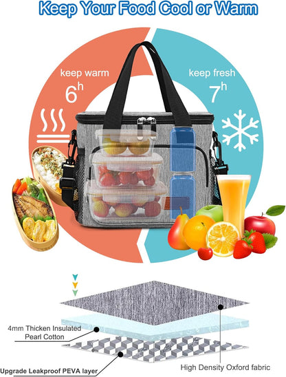 Femuar Reusable Lunch Box for Men/Women - Insulated Lunch Bag Leakproof Lunchbox for Work Office Picnic Beach - Freezable Lunch Cooler Bag with Adjustable Shoulder Strap - Black