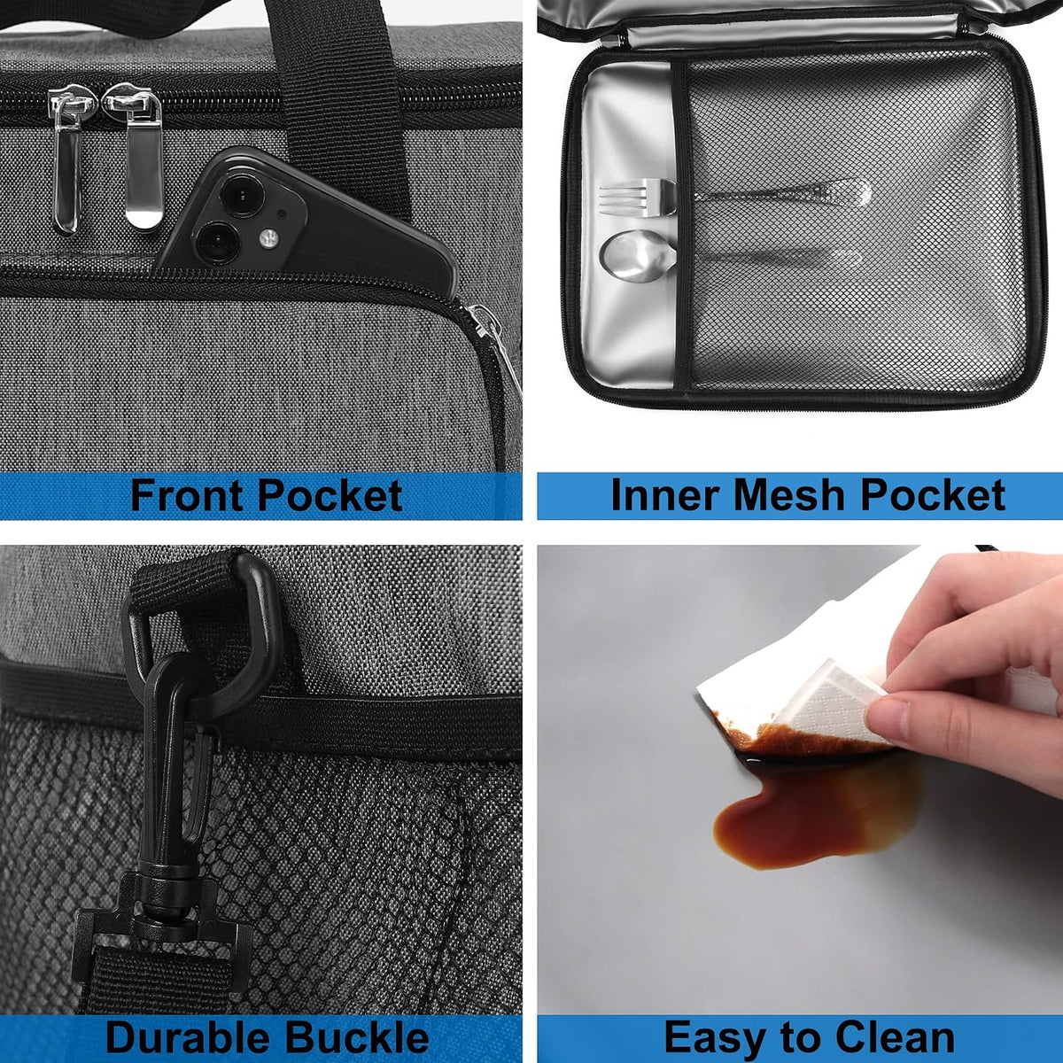 Femuar Reusable Lunch Box for Men/Women - Insulated Lunch Bag Leakproof Lunchbox for Work Office Picnic Beach - Freezable Lunch Cooler Bag with Adjustable Shoulder Strap - Black