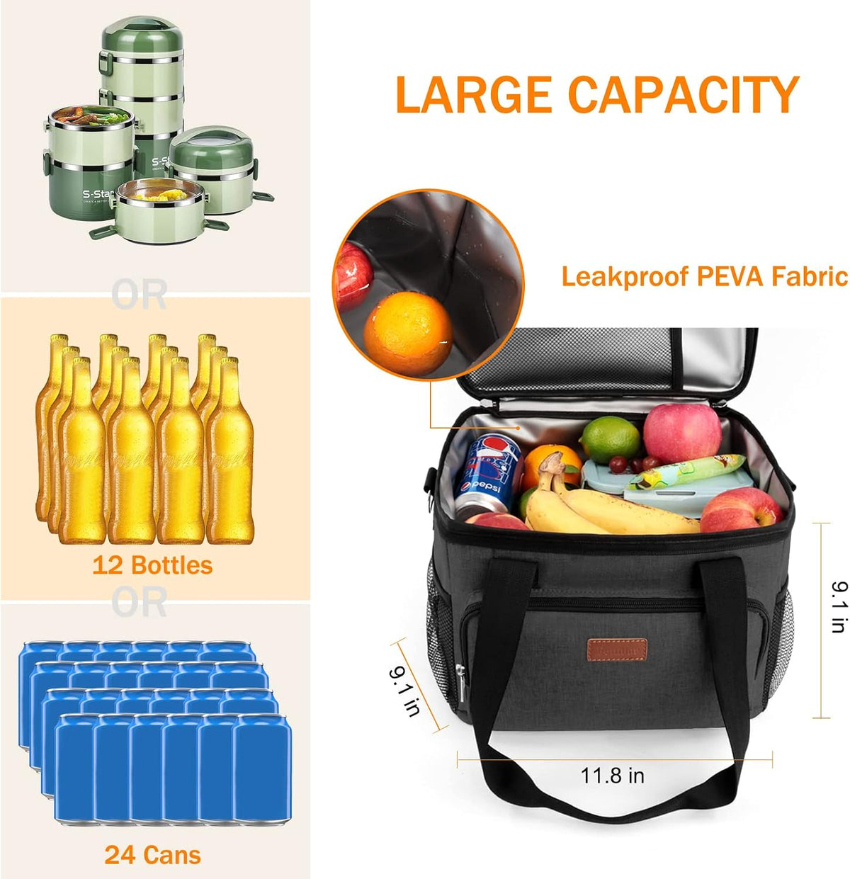 Femuar Reusable Lunch Box for Men/Women - Insulated Lunch Bag Leakproof Lunchbox for Work Office Picnic Beach - Freezable Lunch Cooler Bag with Adjustable Shoulder Strap - Black