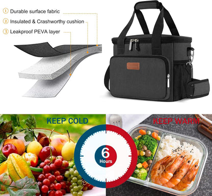 Femuar Reusable Lunch Box for Men/Women - Insulated Lunch Bag Leakproof Lunchbox for Work Office Picnic Beach - Freezable Lunch Cooler Bag with Adjustable Shoulder Strap - Black
