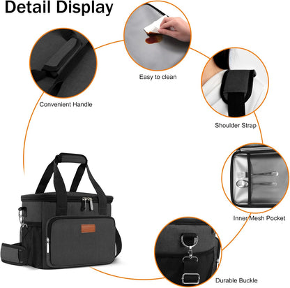 Femuar Reusable Lunch Box for Men/Women - Insulated Lunch Bag Leakproof Lunchbox for Work Office Picnic Beach - Freezable Lunch Cooler Bag with Adjustable Shoulder Strap - Black
