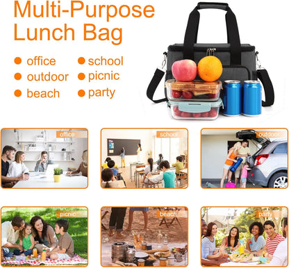 Femuar Reusable Lunch Box for Men/Women - Insulated Lunch Bag Leakproof Lunchbox for Work Office Picnic Beach - Freezable Lunch Cooler Bag with Adjustable Shoulder Strap - Black