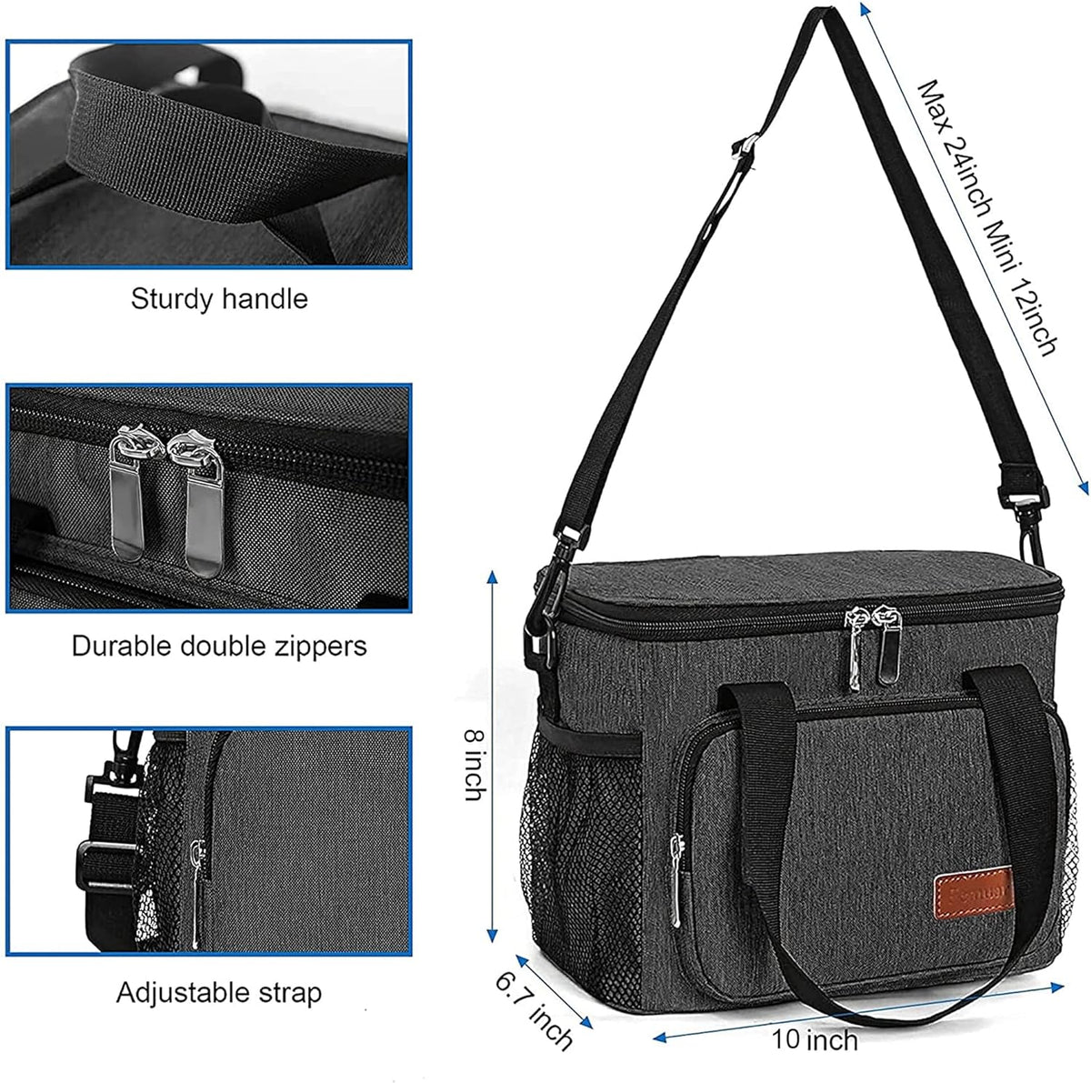 Femuar Reusable Lunch Box for Men/Women - Insulated Lunch Bag Leakproof Lunchbox for Work Office Picnic Beach - Freezable Lunch Cooler Bag with Adjustable Shoulder Strap - Black