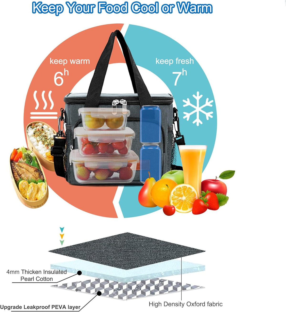Femuar Reusable Lunch Box for Men/Women - Insulated Lunch Bag Leakproof Lunchbox for Work Office Picnic Beach - Freezable Lunch Cooler Bag with Adjustable Shoulder Strap - Black
