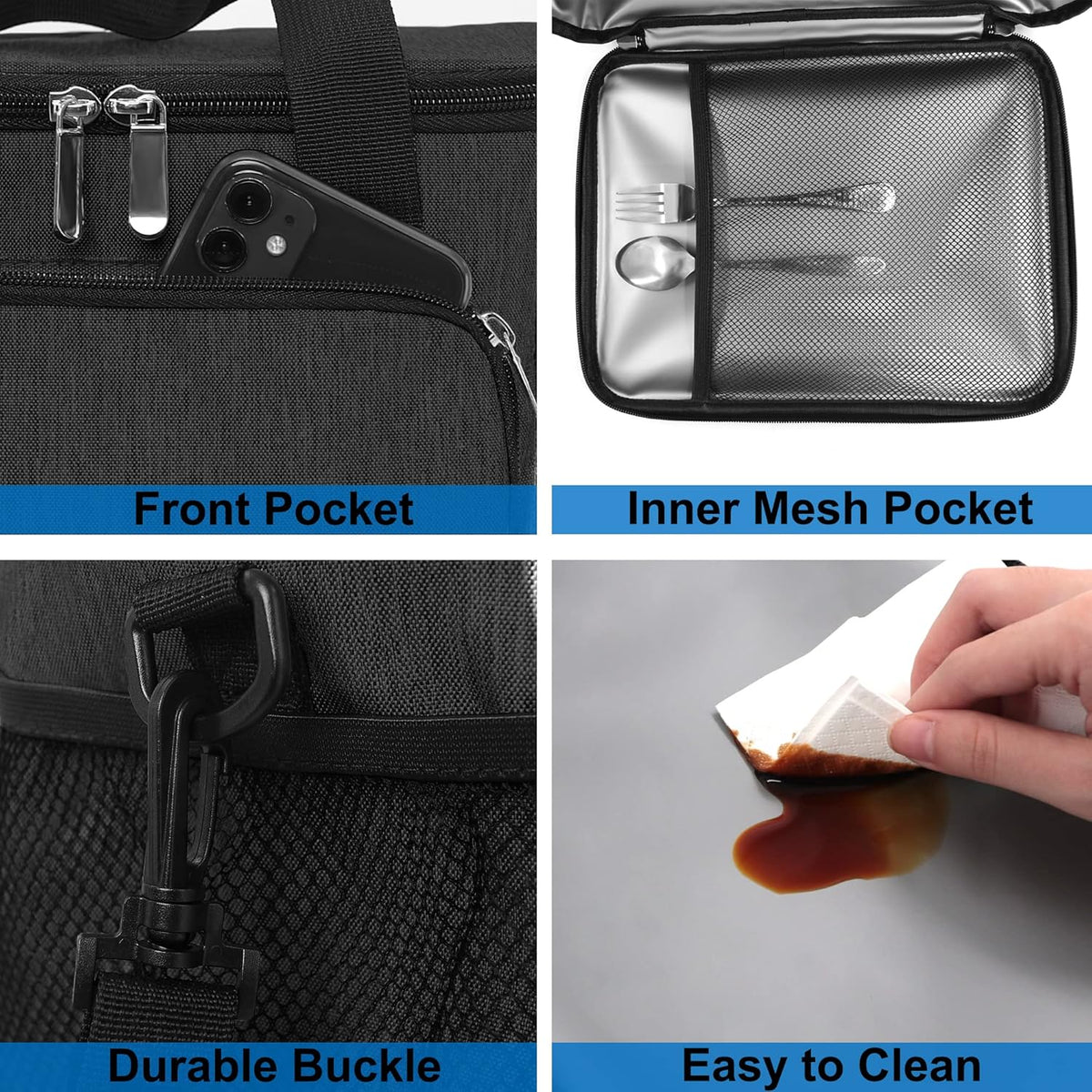 Femuar Reusable Lunch Box for Men/Women - Insulated Lunch Bag Leakproof Lunchbox for Work Office Picnic Beach - Freezable Lunch Cooler Bag with Adjustable Shoulder Strap - Black