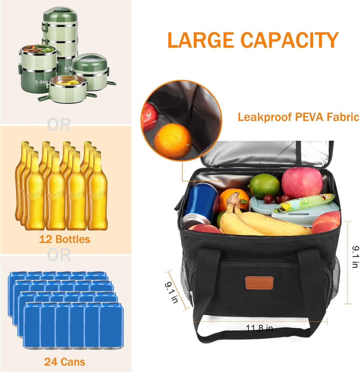 Femuar Reusable Lunch Box for Men/Women - Insulated Lunch Bag Leakproof Lunchbox for Work Office Picnic Beach - Freezable Lunch Cooler Bag with Adjustable Shoulder Strap - Black