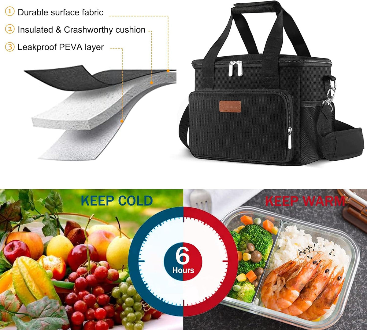 Femuar Reusable Lunch Box for Men/Women - Insulated Lunch Bag Leakproof Lunchbox for Work Office Picnic Beach - Freezable Lunch Cooler Bag with Adjustable Shoulder Strap - Black