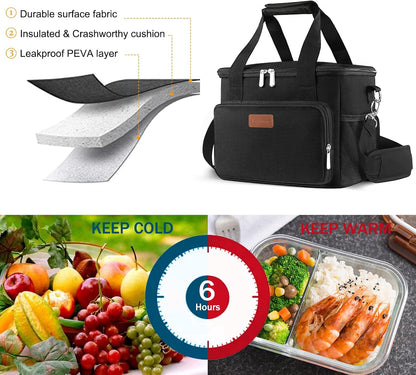 Femuar Reusable Lunch Box for Men/Women - Insulated Lunch Bag Leakproof Lunchbox for Work Office Picnic Beach - Freezable Lunch Cooler Bag with Adjustable Shoulder Strap - Black