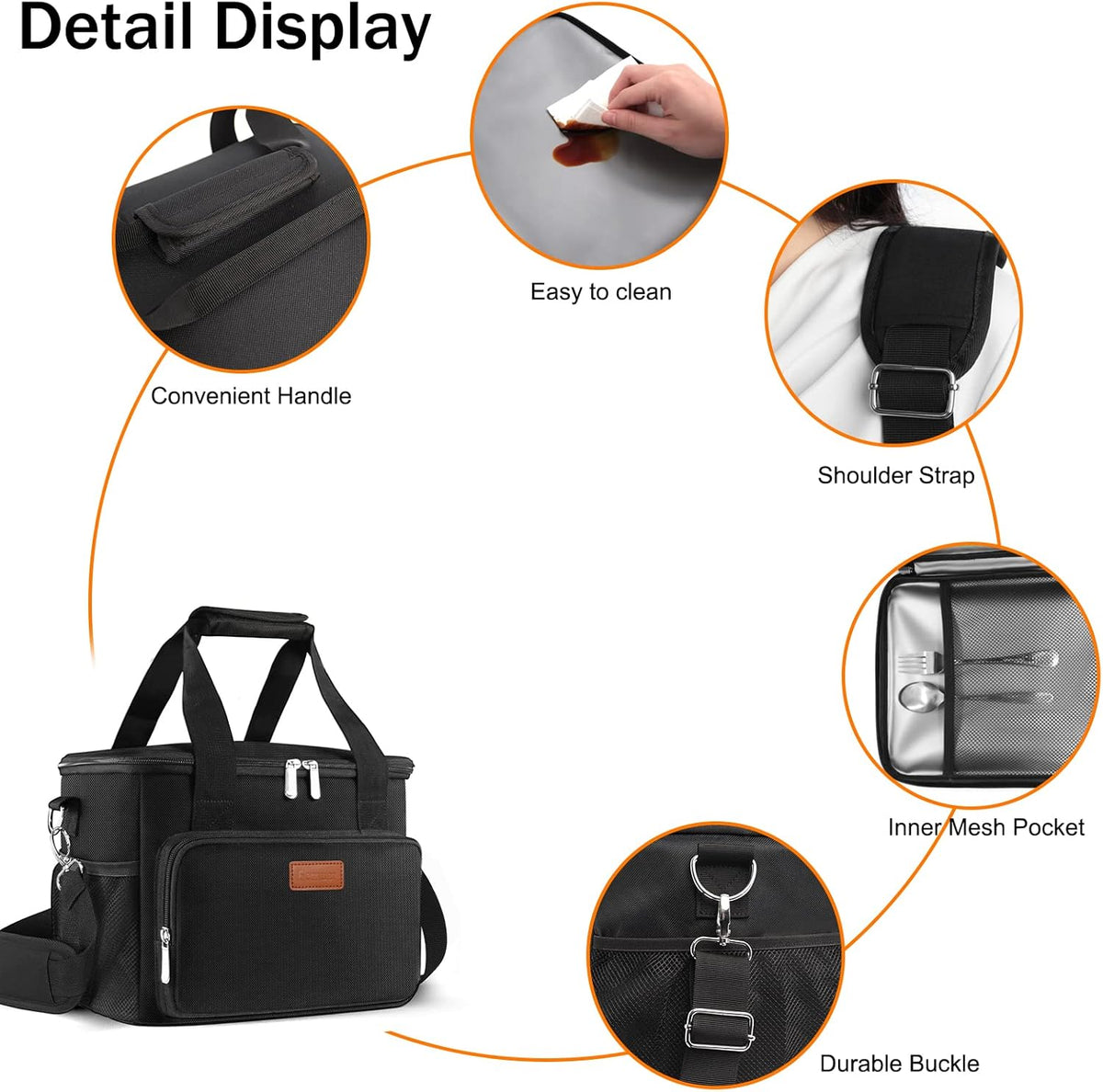 Femuar Reusable Lunch Box for Men/Women - Insulated Lunch Bag Leakproof Lunchbox for Work Office Picnic Beach - Freezable Lunch Cooler Bag with Adjustable Shoulder Strap - Black