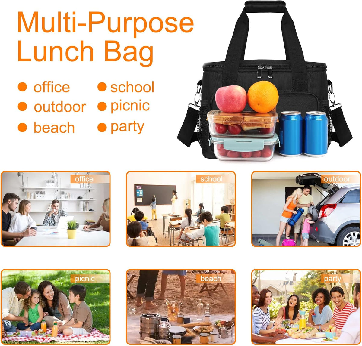 Femuar Reusable Lunch Box for Men/Women - Insulated Lunch Bag Leakproof Lunchbox for Work Office Picnic Beach - Freezable Lunch Cooler Bag with Adjustable Shoulder Strap - Black