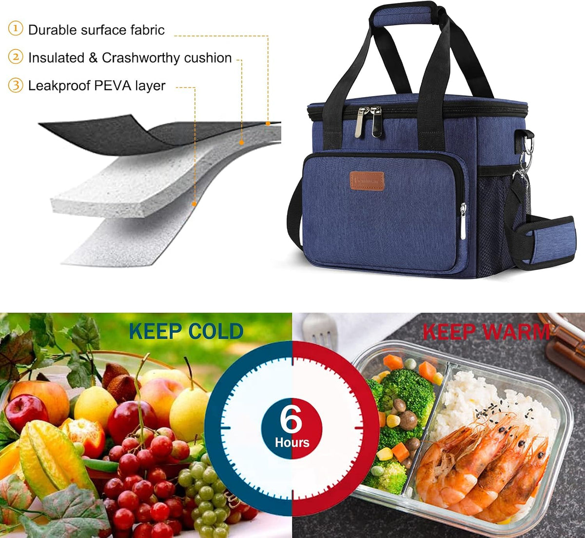 Femuar Reusable Lunch Box for Men/Women - Insulated Lunch Bag Leakproof Lunchbox for Work Office Picnic Beach - Freezable Lunch Cooler Bag with Adjustable Shoulder Strap - Black