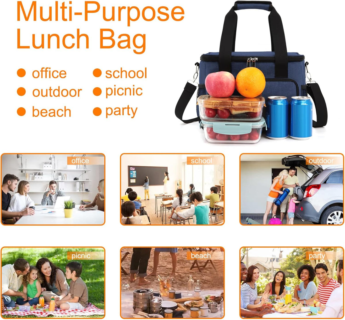 Femuar Reusable Lunch Box for Men/Women - Insulated Lunch Bag Leakproof Lunchbox for Work Office Picnic Beach - Freezable Lunch Cooler Bag with Adjustable Shoulder Strap - Black