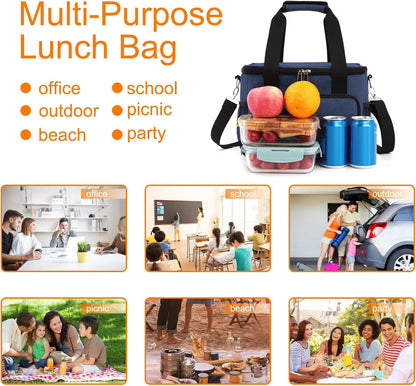Femuar Reusable Lunch Box for Men/Women - Insulated Lunch Bag Leakproof Lunchbox for Work Office Picnic Beach - Freezable Lunch Cooler Bag with Adjustable Shoulder Strap - Black