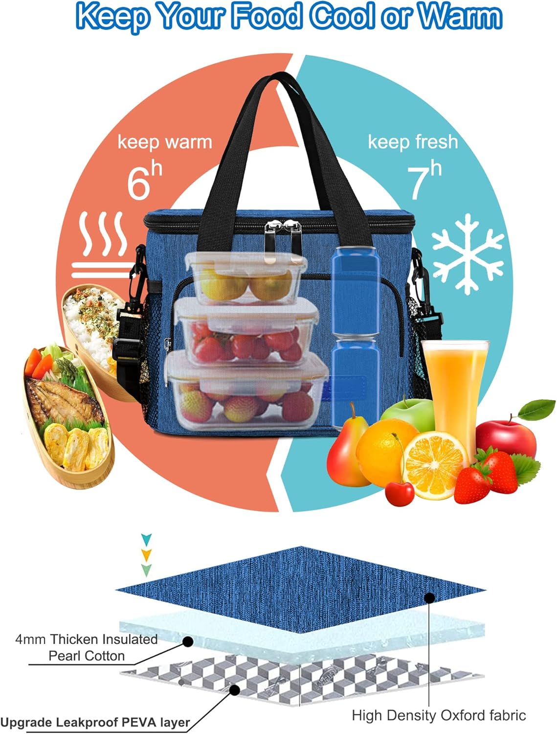Femuar Reusable Lunch Box for Men/Women - Insulated Lunch Bag Leakproof Lunchbox for Work Office Picnic Beach - Freezable Lunch Cooler Bag with Adjustable Shoulder Strap - Black