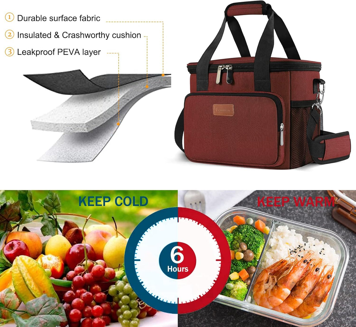 Femuar Reusable Lunch Box for Men/Women - Insulated Lunch Bag Leakproof Lunchbox for Work Office Picnic Beach - Freezable Lunch Cooler Bag with Adjustable Shoulder Strap - Black