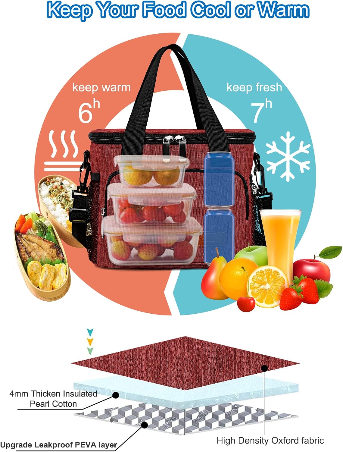 Femuar Reusable Lunch Box for Men/Women - Insulated Lunch Bag Leakproof Lunchbox for Work Office Picnic Beach - Freezable Lunch Cooler Bag with Adjustable Shoulder Strap - Black
