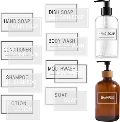 64 PCS Clear Waterproof Labels for Bottles, Minimalist Farmhouse Bathroom/Kitchen Hand Soap Dispenser Label Set, Transparent Cleaning Labels for Soap, Lotion, Shampoo and Conditioner