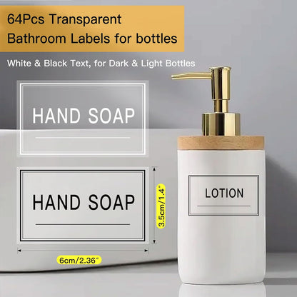 64 PCS Clear Waterproof Labels for Bottles, Minimalist Farmhouse Bathroom/Kitchen Hand Soap Dispenser Label Set, Transparent Cleaning Labels for Soap, Lotion, Shampoo and Conditioner