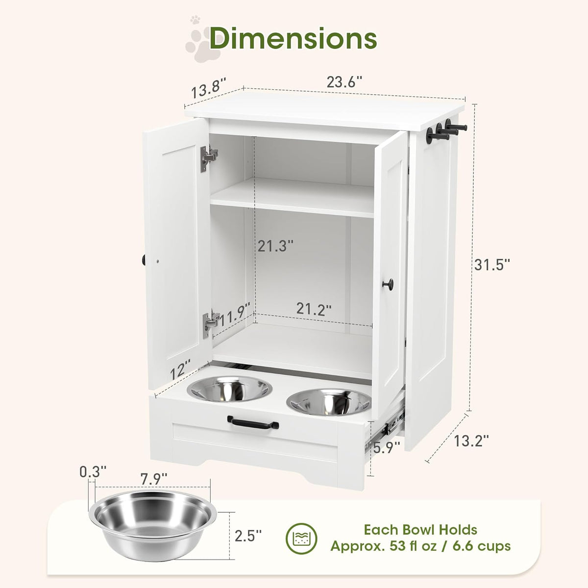 Dog Feeding Station with Storage Cabinet, White Wood Dog Cabinet with 2 Elevated Stainless Steel Bowls, Hidden Pull-Out Feeder Drawer, Pet Feeding Station for Kitchen and Living Room