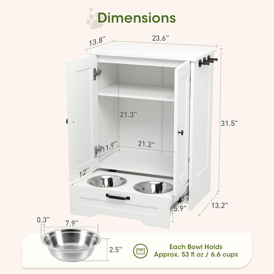 Dog Feeding Station with Storage Cabinet, White Wood Dog Cabinet with 2 Elevated Stainless Steel Bowls, Hidden Pull-Out Feeder Drawer, Pet Feeding Station for Kitchen and Living Room