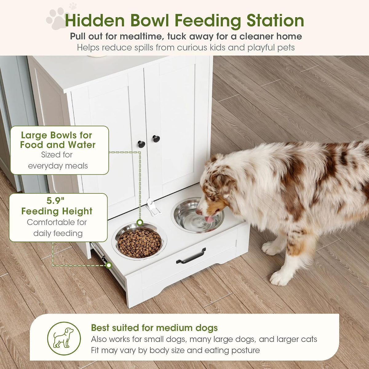 Dog Feeding Station with Storage Cabinet, White Wood Dog Cabinet with 2 Elevated Stainless Steel Bowls, Hidden Pull-Out Feeder Drawer, Pet Feeding Station for Kitchen and Living Room
