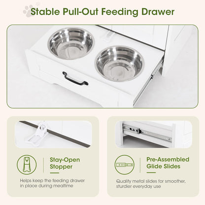 Dog Feeding Station with Storage Cabinet, White Wood Dog Cabinet with 2 Elevated Stainless Steel Bowls, Hidden Pull-Out Feeder Drawer, Pet Feeding Station for Kitchen and Living Room