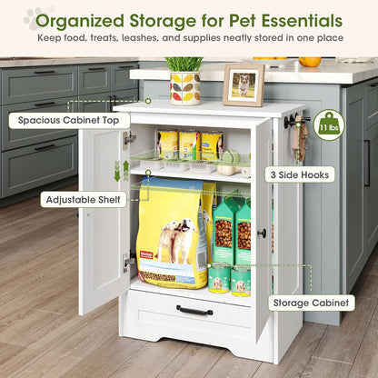 Dog Feeding Station with Storage Cabinet, White Wood Dog Cabinet with 2 Elevated Stainless Steel Bowls, Hidden Pull-Out Feeder Drawer, Pet Feeding Station for Kitchen and Living Room