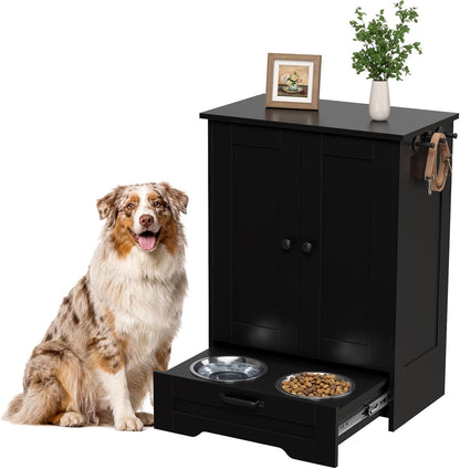 Dog Feeding Station with Storage Cabinet, White Wood Dog Cabinet with 2 Elevated Stainless Steel Bowls, Hidden Pull-Out Feeder Drawer, Pet Feeding Station for Kitchen and Living Room