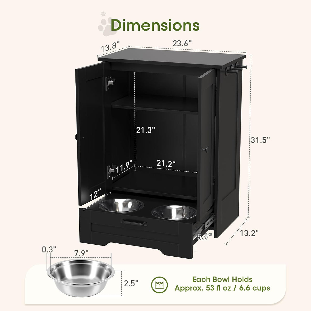 Dog Feeding Station with Storage Cabinet, White Wood Dog Cabinet with 2 Elevated Stainless Steel Bowls, Hidden Pull-Out Feeder Drawer, Pet Feeding Station for Kitchen and Living Room