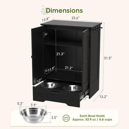 Dog Feeding Station with Storage Cabinet, White Wood Dog Cabinet with 2 Elevated Stainless Steel Bowls, Hidden Pull-Out Feeder Drawer, Pet Feeding Station for Kitchen and Living Room