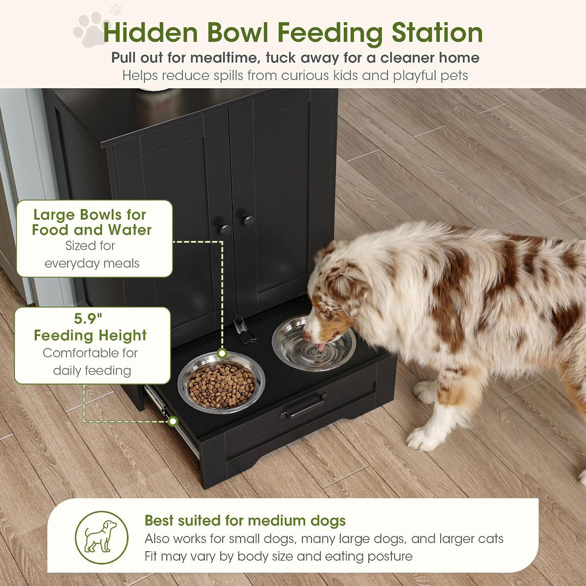 Dog Feeding Station with Storage Cabinet, White Wood Dog Cabinet with 2 Elevated Stainless Steel Bowls, Hidden Pull-Out Feeder Drawer, Pet Feeding Station for Kitchen and Living Room